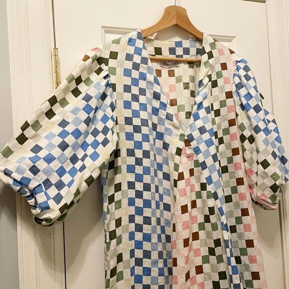 LJC Designs Charlotte Dress Multi Check 100% Linen Size M - Picture 3 of 7